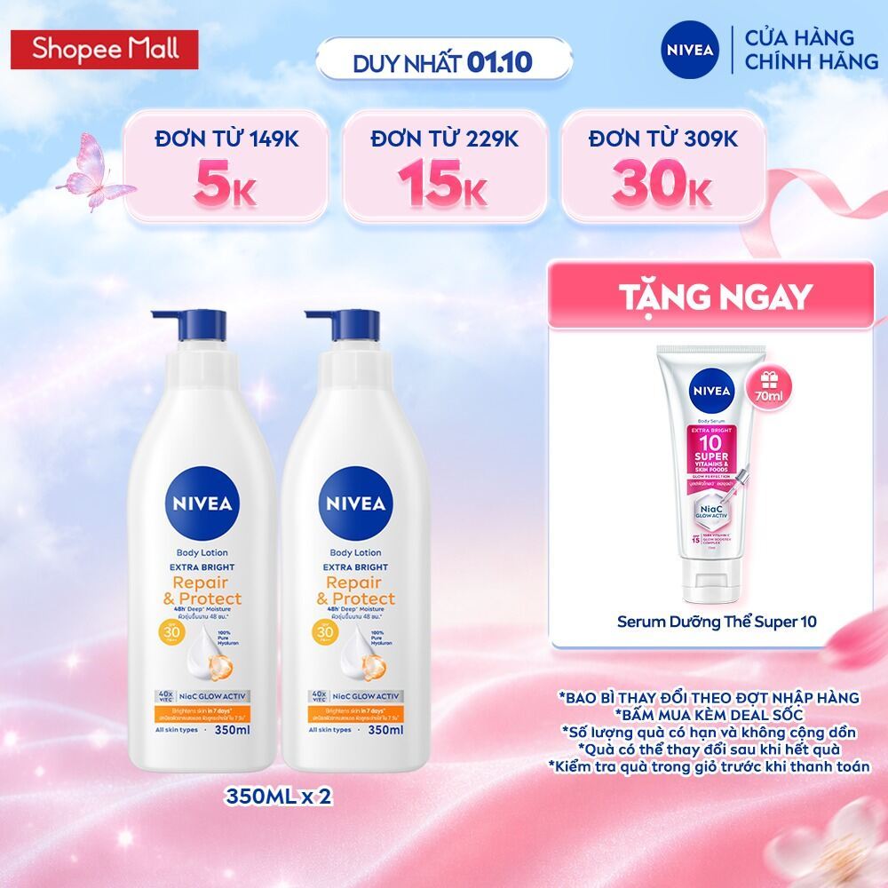 Bộ 2 Sữa Dưỡng Thể NIVEA Extra Bright Dưỡng Da Sáng Mịn Sau 7 Ngày 350ml -  88311x2/98413x2/98412x2