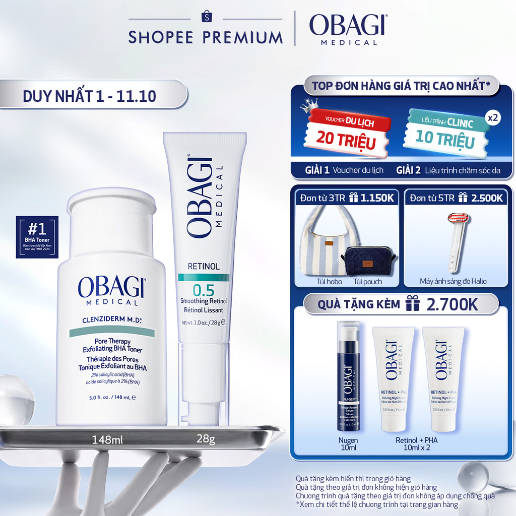Bộ đôi dưỡng da Dung dịch Obagi Clenziderm M.D BHA Toner 148ml và Kem Dưỡng Đêm Obagi Retinol 0.5 (28g)