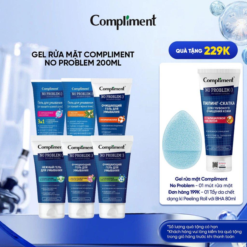 [TẶNG 1 MÚT RỬA MẶT] Sữa rửa mặt Compliment No Problem BHA làm sạch sâu, giảm viêm & ngăn ngừa mụn 200ml