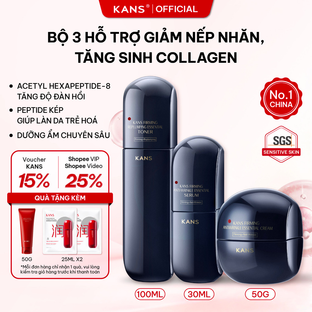 KANS Combo 3 Món Cấp Ẩm Sâu, Chống Lão Hóa Toner - Lotion - Serum 100mlx2+30ml Săn Chắc, Tăng Độ Đàn Hồi, Tăng Collagen