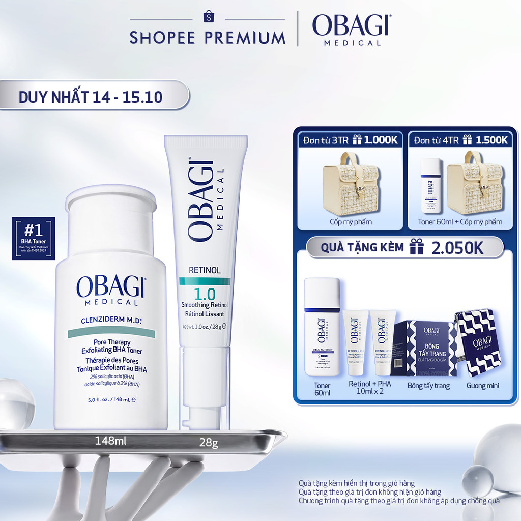 Bộ đôi dưỡng da Toner BHA Giảm Mụn Obagi Clenziderm M.D 148ml và Kem Dưỡng Đêm Obagi Retinol 1.0 (28g)