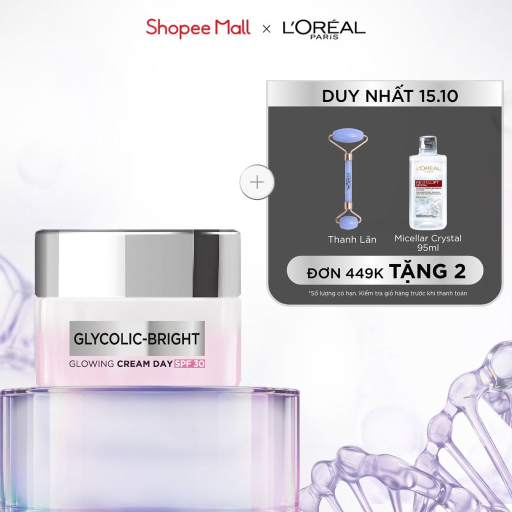 Kem dưỡng ban ngày dưỡng sáng mịn & mờ thâm nám L'Oreal Paris Glycolic (AHA) Bright [Glycolic + Niacinamide] SPF 30 50ml
