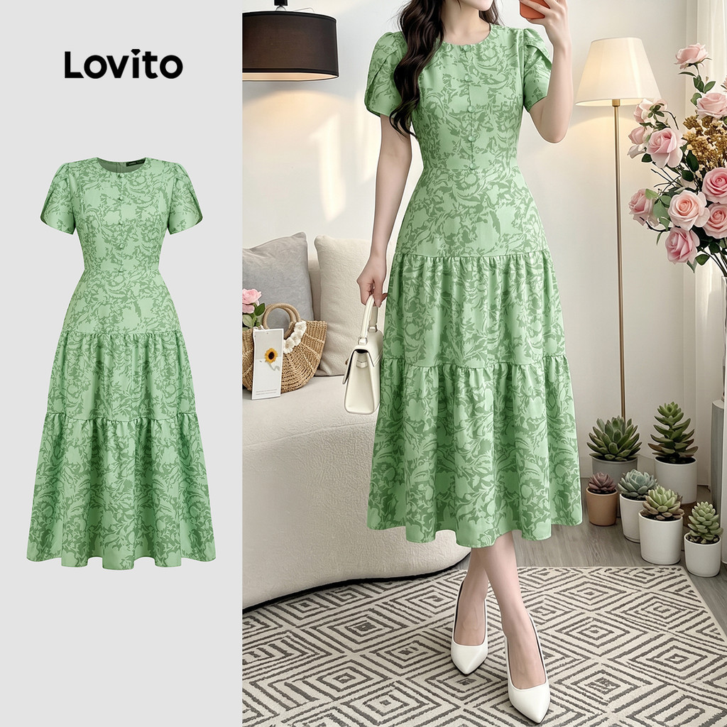 Lovito Đầm nữ xanh lá thời trang xuân hè xếp ly thanh lịch DRK8P1D725