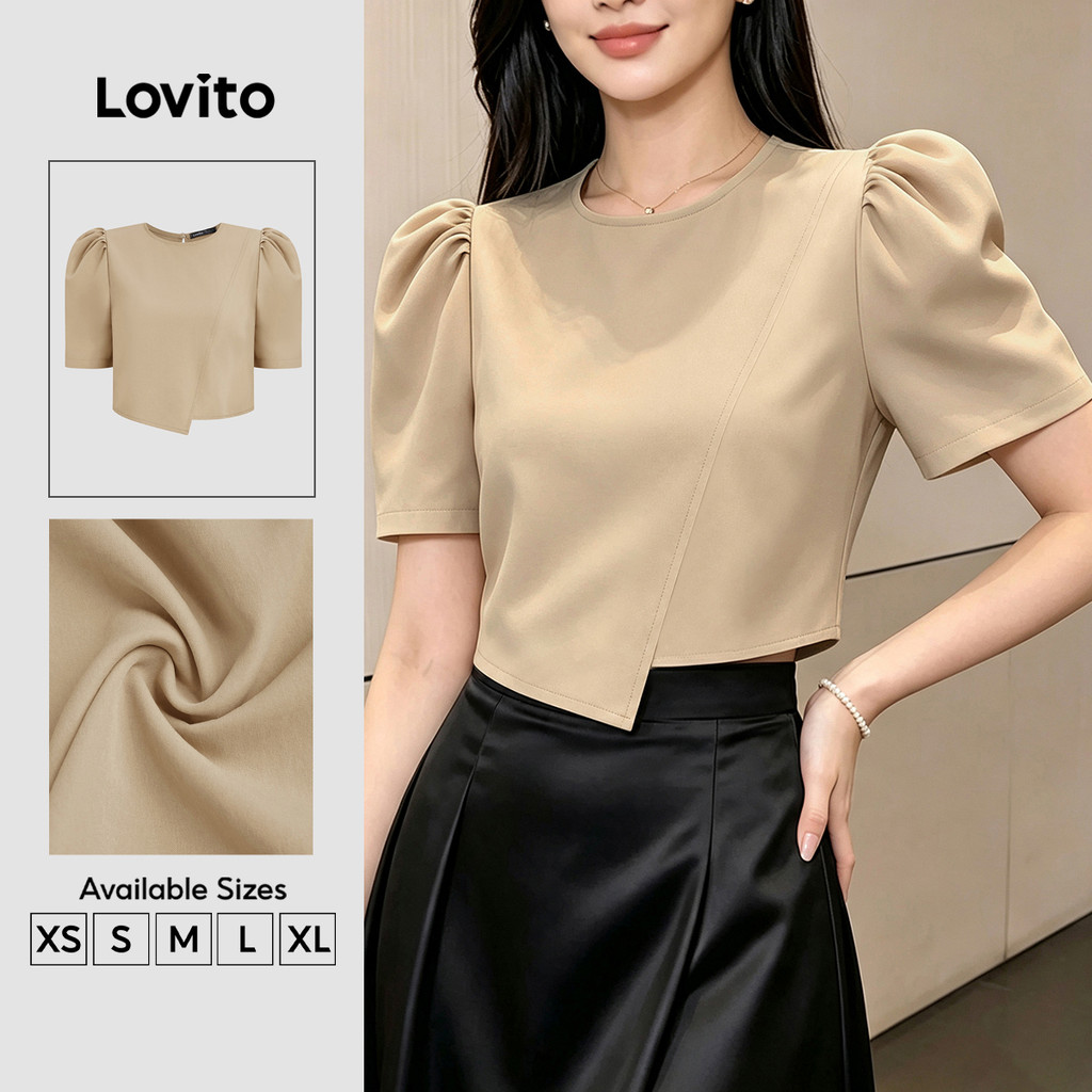 Áo kiểu nữ Lovito kaki xuân hè dây kéo xếp ly bất đối xứng thanh lịch BLB201P1D497