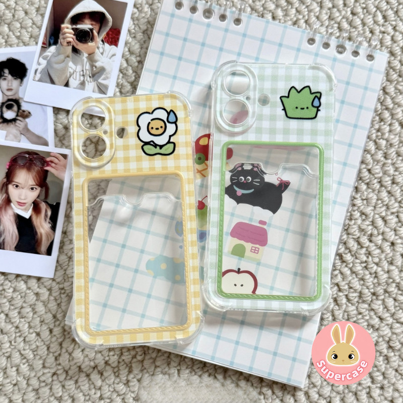 Lưới Hoa Cỏ Đựng Thẻ Ốp lưng Cho iPhone 17 Air 16 15 14 13 12 Mini 11 Pro XR XS Max X SE3 SE2 8 7 6 Plus Phim Hoạt Hình Dễ Thương Nơi Chụp Ảnh Ốp Lưng Mềm Trong Suốt