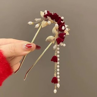 Kẹp tóc hình chữ U màu đỏ cho cô dâu, thiết kế sườn xám mới lạ
