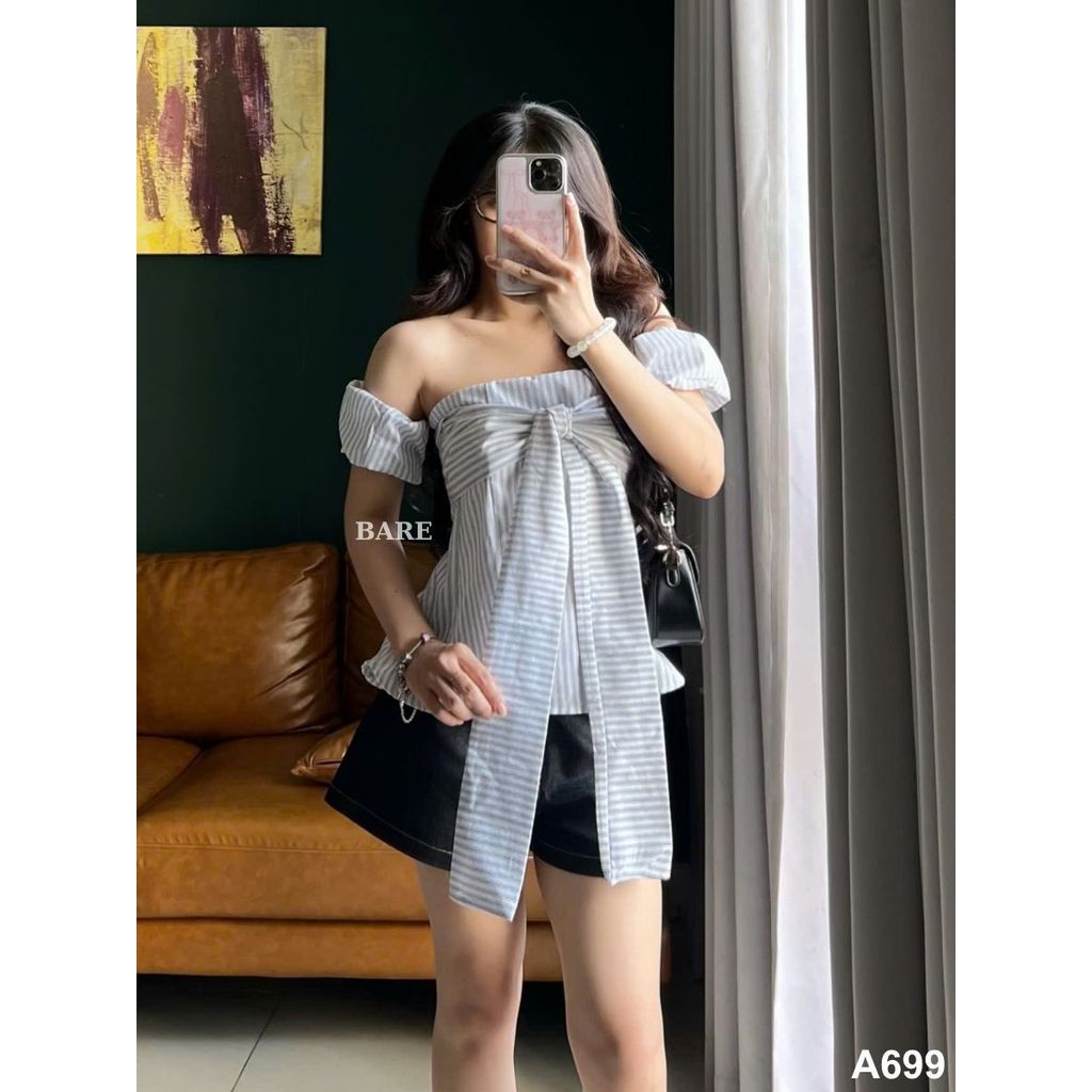 Áo kẻ trễ vai thắt dây ngực chiết eo tay bo chun mặc được nhiều kiểu (có cúc tháo rời) IVORY TOP_A699