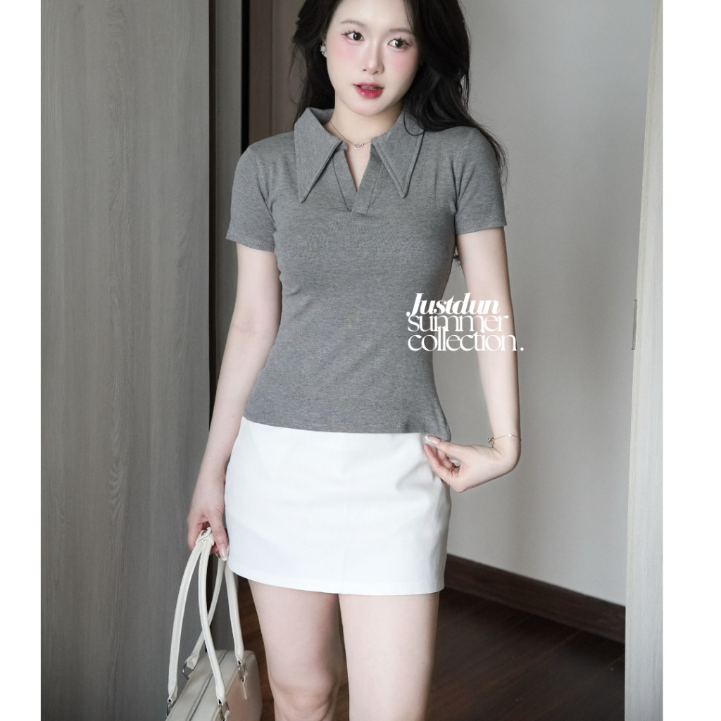 Áo thun nữ cổ sơ mi cotton mịn form ôm phong cách Polo JUSTDUN E21