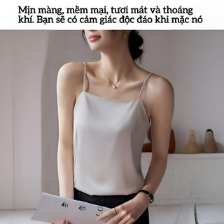 『 Brelira 』Satin Tank Top Nữ Áo hai dây lụa mỏng mùa hè dáng rộng cổ tròn kiểu áo hai dây Hàn Quốc cơ bản