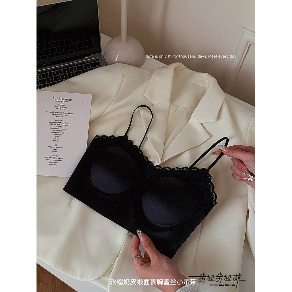 Ren Edge Ngọc Trai Satin Đẹp Lưng Quần Lót Ống Top Nữ Tập Hợp Áo Ngực Liền Mạch Sling