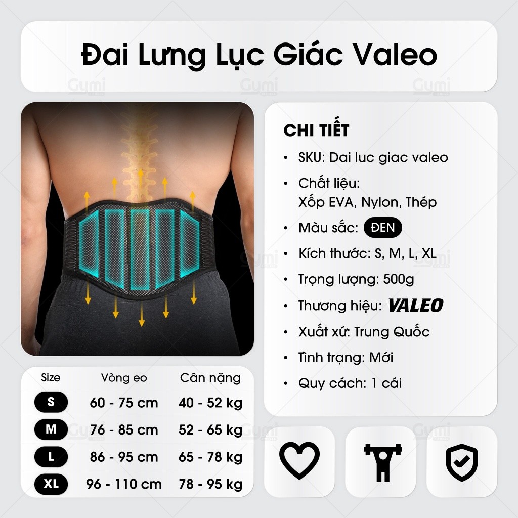 Đai Lưng Lục Giác VALEO Tập Gym Cao Cấp Bản To- Bảo Vệ Lưng Giúp Chống Đau Lưng Mỏi Cơ Khi Tập Luyện