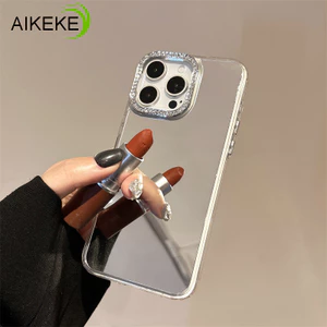 Mạ Gương Bạc Ốp Điện Thoại Cho iPhone 17 Air 16E 16 15 14 Plus 13 12 11 Pro Max XS Max X XR 8 7 6 6S Plus SE 2020 2022 Vỏ Khung Kim Cương Lấp Lánh Vỏ Gương Trang Điểm Mặt Sau