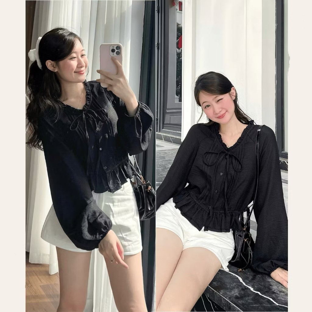 Áo Sơ Mi Cổ Bèo Xếp Ly Trước Chun Dưới Tay Bồng Dáng Lửng  MA3186