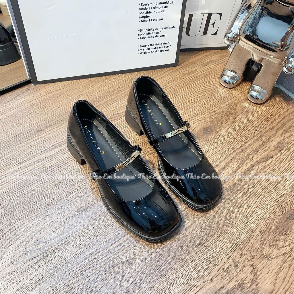 [Có Sẵn - GC48 ] Giày búp bê nữ mũi tròn quai ngang phối khuy chữ đế cao 4-5p cá tính