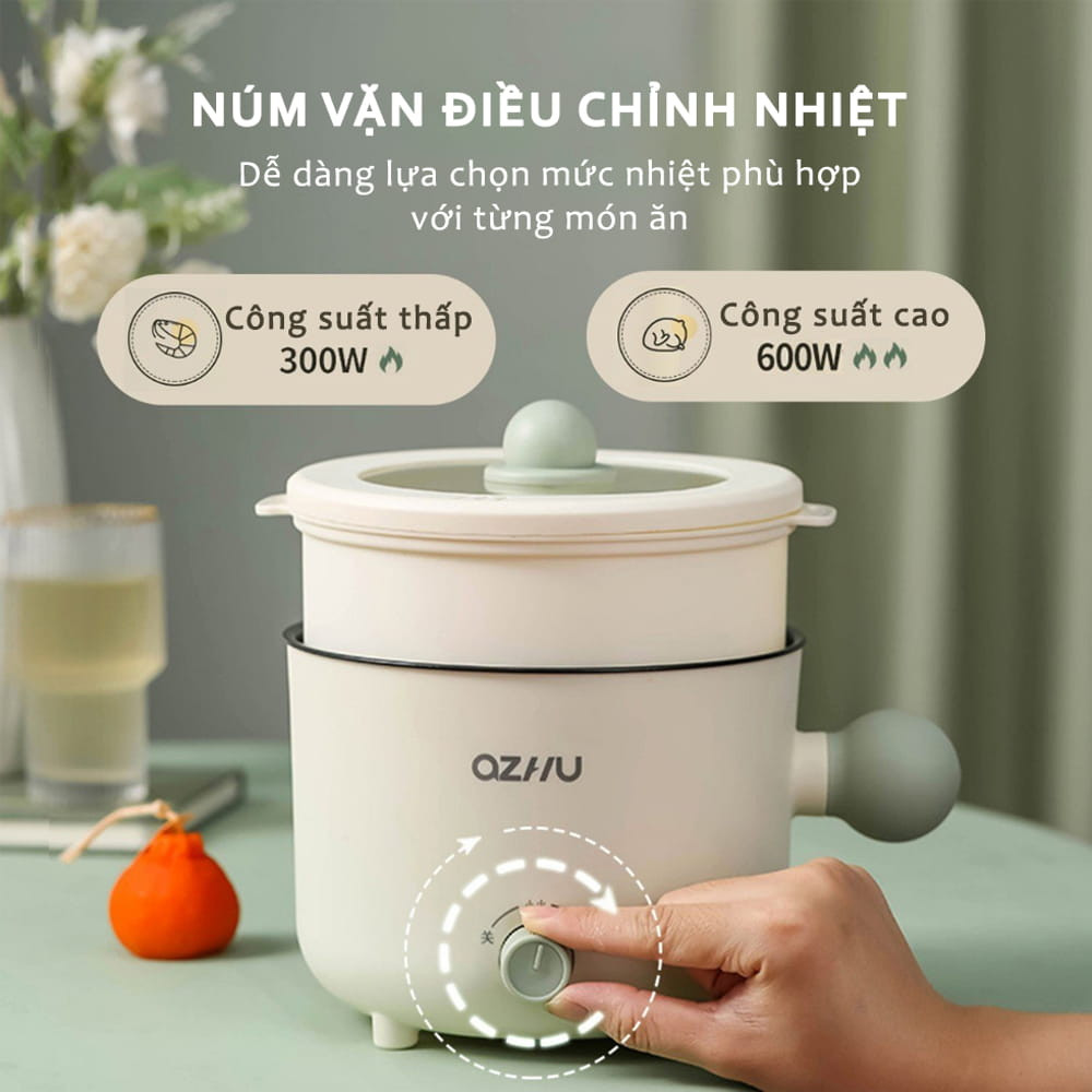 Nồi Lẩu Điện OZHU 18cm 2 nấc nhiệt kèm giá hấp có tay cầm tiện dụng, nồi lẩu 2 tầng cao cấp