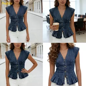 Pealike Hợp Thời Trang Quần Jean Xanh Hoặc Đen Áo Không Tay Nữ Crop Áo Vest Xếp Ly Quần Jean Có Ruffle Chi Tiết