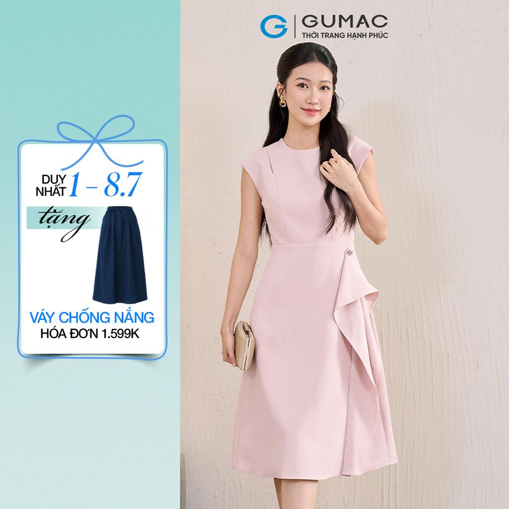 Đầm nữ GUMAC form A tùng cách điệu có túi cổ khoét đính nút tráng trí  DF06049