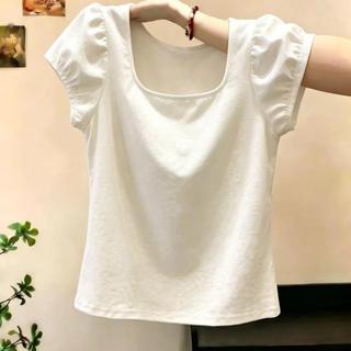 [Khuyến mãi trong thời gian có hạn] Áo thun ngắn tay cổ chữ U màu trắng phong cách giản dị dành cho nữ mùa hè hơi béo Kích thước lớn Slimmer Look All @