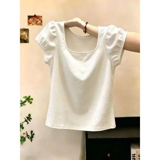 [Khuyến mãi trong thời gian có hạn] Áo thun ngắn tay cổ chữ U màu trắng phong cách giản dị dành cho nữ mùa hè hơi béo Kích thước lớn Slimmer Look All @