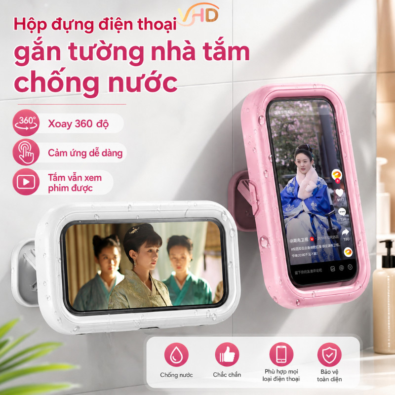 Hộp đựng Điện thoại gắn tường nhà tắm chống nước，có phiên bản Xoay 360 độ cảm ứng dễ dàng, tắm vẫn xem phim được