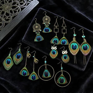 Bohemian Phong Cách Dân Tộc Retro Con Công Lông Bông Tai Nữ Lông Vũ Tự Nhiên Bông Tai Thời Trang Tính Khí Bông Tai