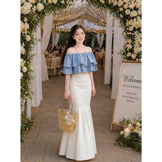 Set Áo Trễ Vai Bèo 2 Tầng + Chân Váy Đuôi Cá Dài Dáng Ôm Thanh Lịch Đi Tiệc Du Lịch K&B FASHION