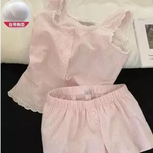 Bộ đồ ngủ bán chạy dành cho nữ Phiên bản Hàn Quốc mùa hè có miếng đệm ngực sọc cổ áo ren Quần short đi chơi Lounge