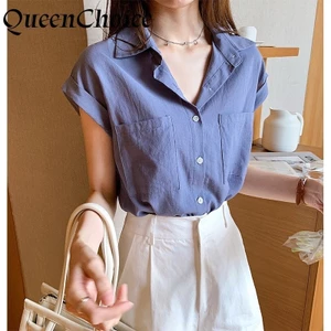 Áo sơ mi nữ tay ngắn cổ chữ V màu xanh trơn dành cho nữ Áo sơ mi dáng rộng