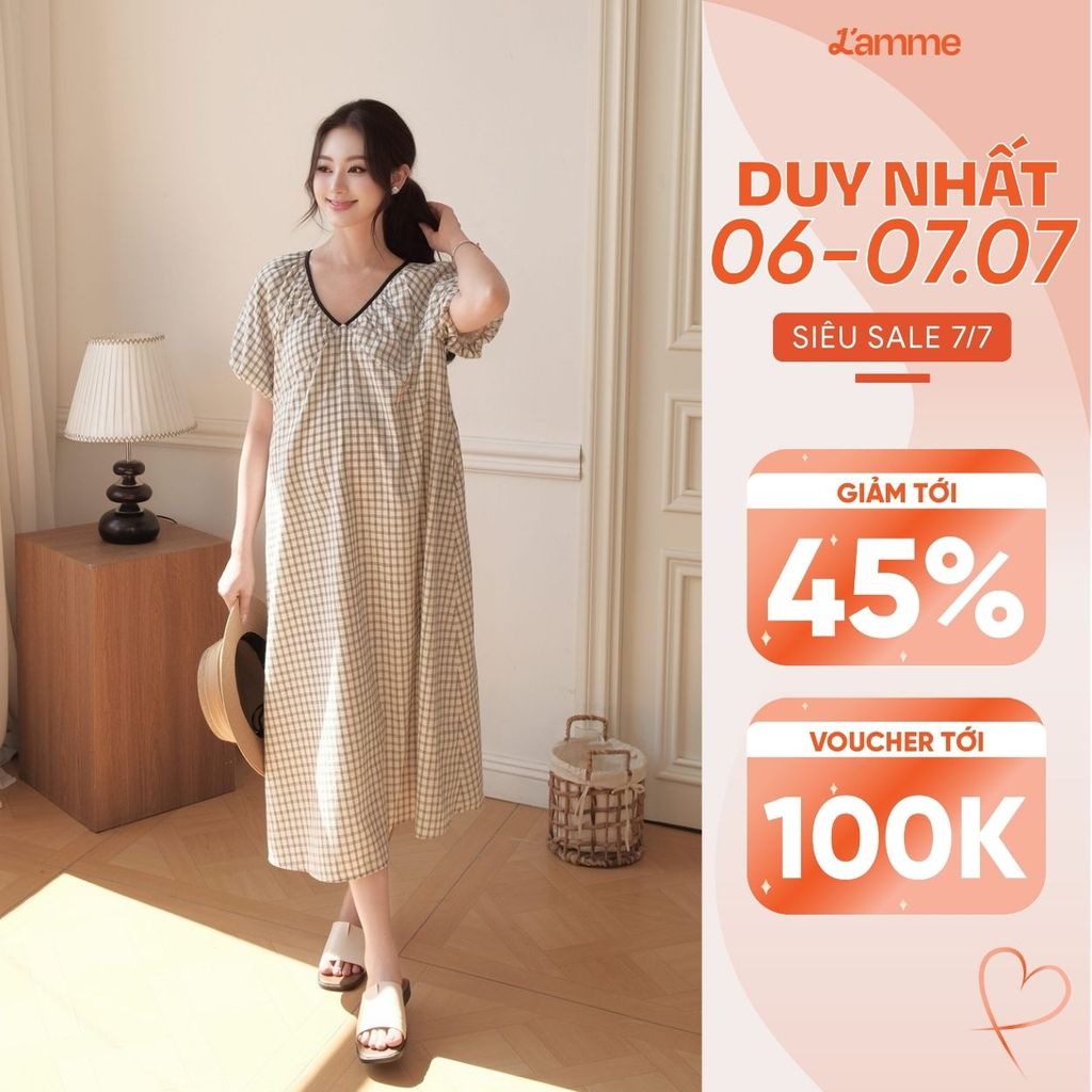 Váy Bầu DAMI DRESS L'amme - Chất Thô Kẻ Đen Trắng Mềm Mát, Dáng Suông Nhún Cổ V Che Dáng Tốt