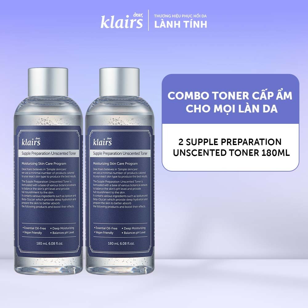 Combo 2 Nước hoa hồng Dear, Klairs Supple Preparation Unscented Toner cấp ẩm hỗ trợ làm sáng da 180ml [FS]