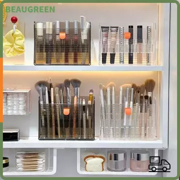 Hộp đựng son môi BEAUGREEN, Hộp đựng son môi treo tường nhiều ngăn có thể gập lại, Hộp đựng cọ trang điểm hình chữ nhật nhiều lưới trong suốt