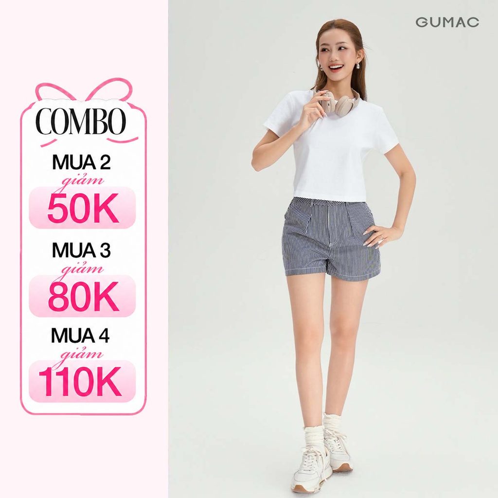 Quần Short Nữ GUMAC Ống Rộng Chất Sọc Denim Thêu Chữ Trang Trí Dễ Phối Đồ YSHG07015