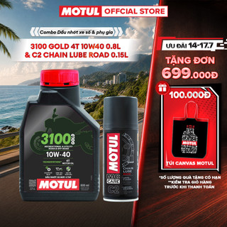 Combo Dầu nhớt xe máy MOTUL 3100 GOLD 4T 10W40 0.8L và Xịt sên / xích MOTUL C2 CHAIN LUBE ROAD 0.15L