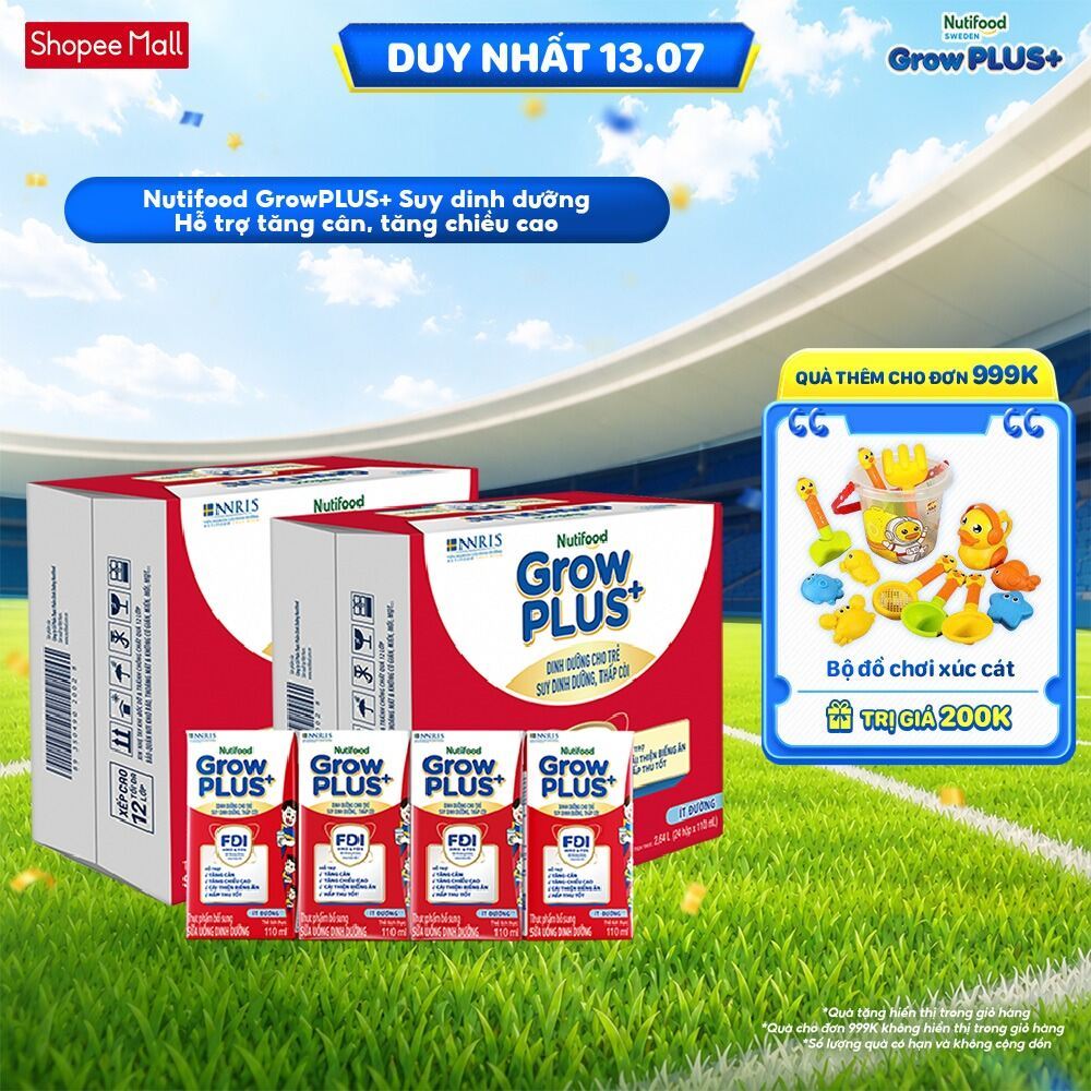 Thùng SBPS Nutifood GrowPLUS+ ít đường Suy Dinh Dưỡng - Tăng Cân, Tăng Chiều Cao (48 Hộp x 110ml) (Bao bì tùy lô hàng)
