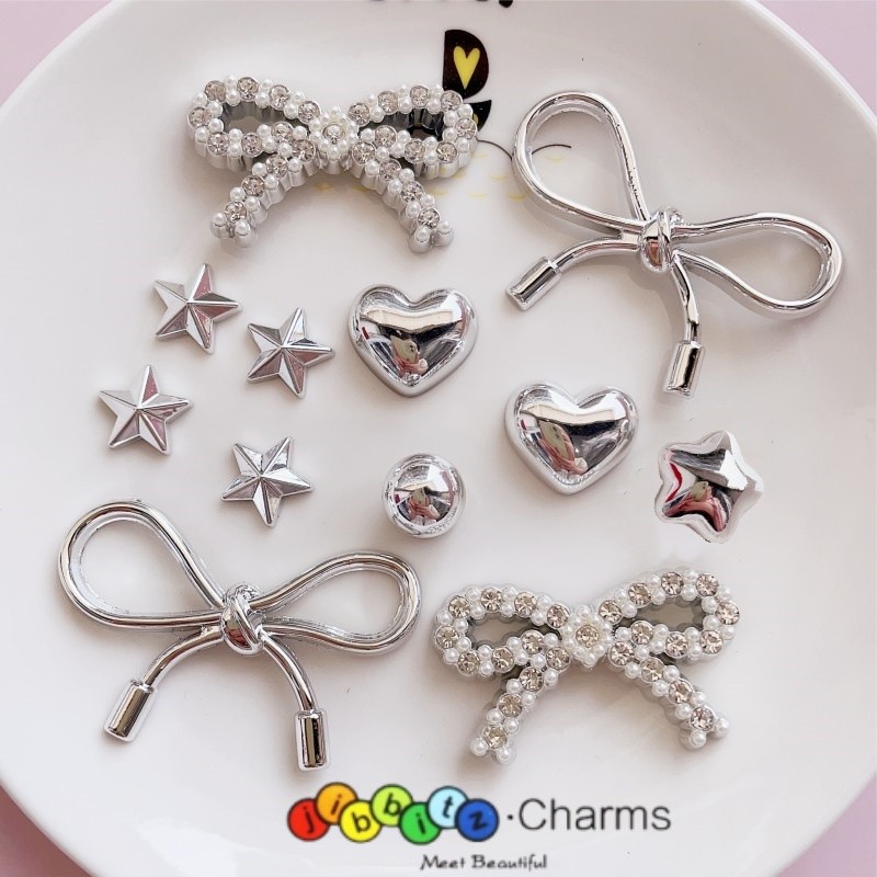 [Bộ giảm giá] Phong cách con gái phong cách Hàn Quốc, Khóa giày có lỗ kim cương nơ ngọc trai, Phụ kiện giày có dép lỗ trang trí, Phụ kiện giày