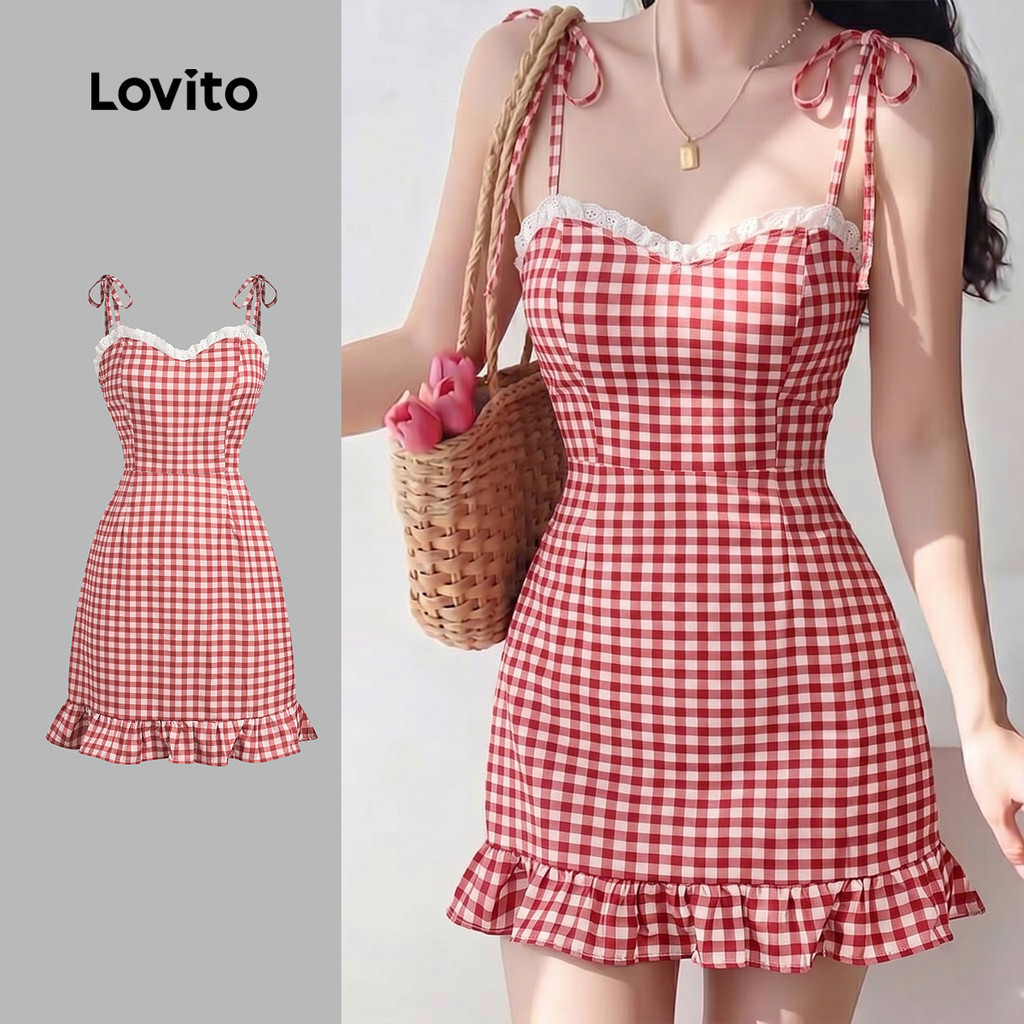 Lovito Đầm nữ đỏ thời trang xuân hè ren xếp nếp phong cách thường ngày LK7ED438