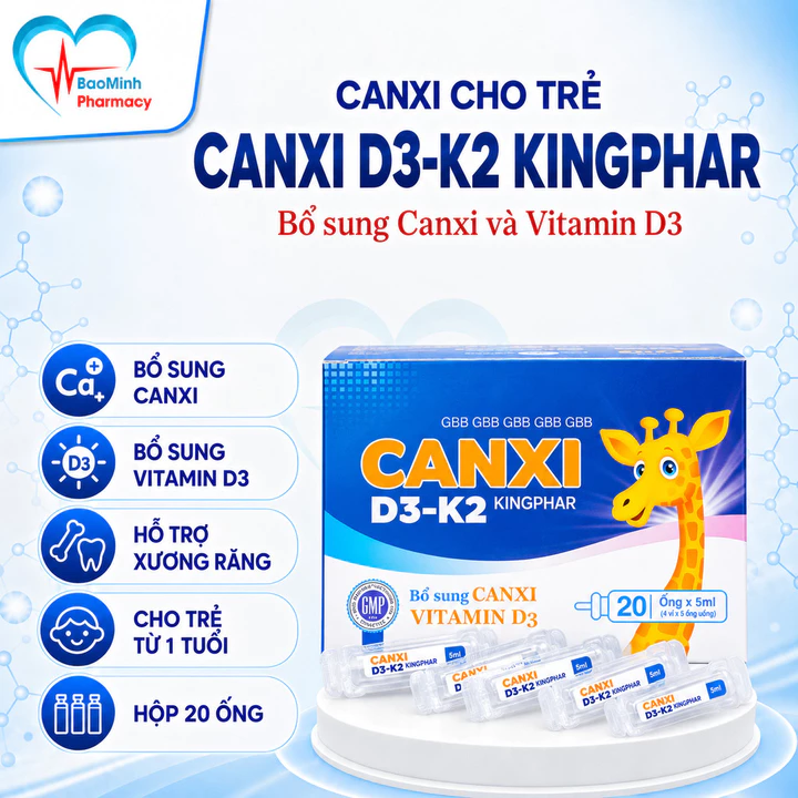 Ống Canxi D3 K2 Kingphar Cho Bé – Hỗ Trợ Bổ Sung Canxi, Giúp Xương Chắc Khỏe, Tăng Chiều Cao (Hộp 4 Vỉ x 5 Ống 5ml)