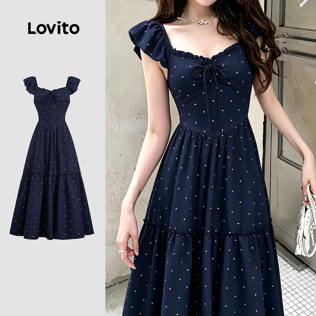 (New Arrival) Lovito Đầm nữ xanh dương đậm thời trang xuân hè buộc phía trước lai bèo xếp nếp thanh lịch DRK8P2D652
