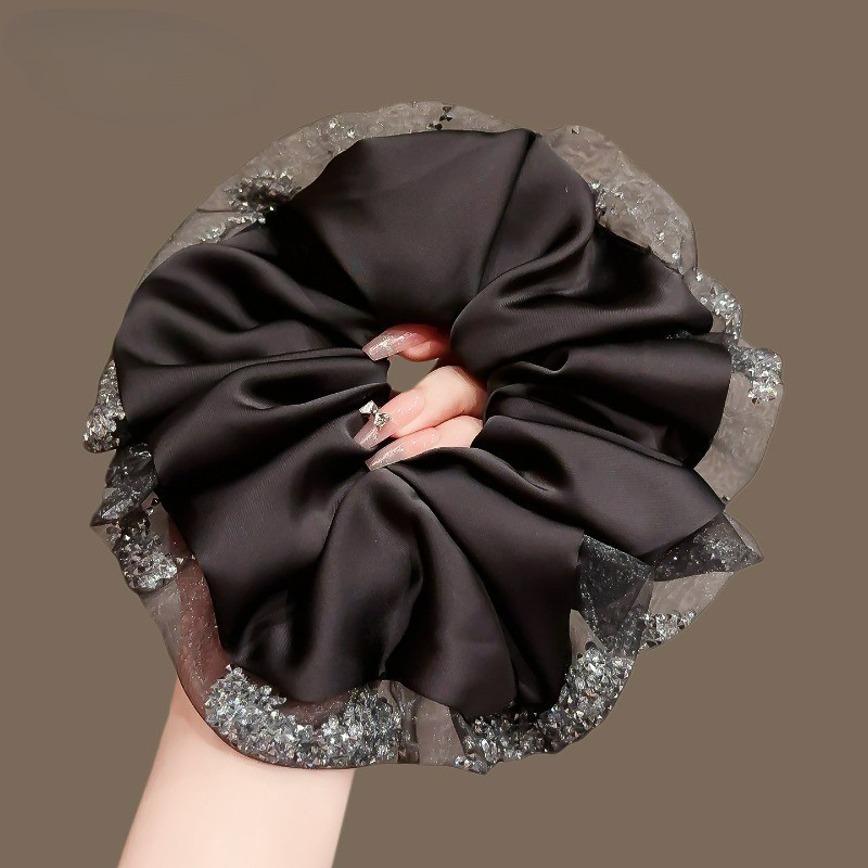 Scrunchies dây buộc tóc lớn phong cách thanh lịch Hàn Quốc màu đen viền kim tuyến mát mắt NOVSET new19