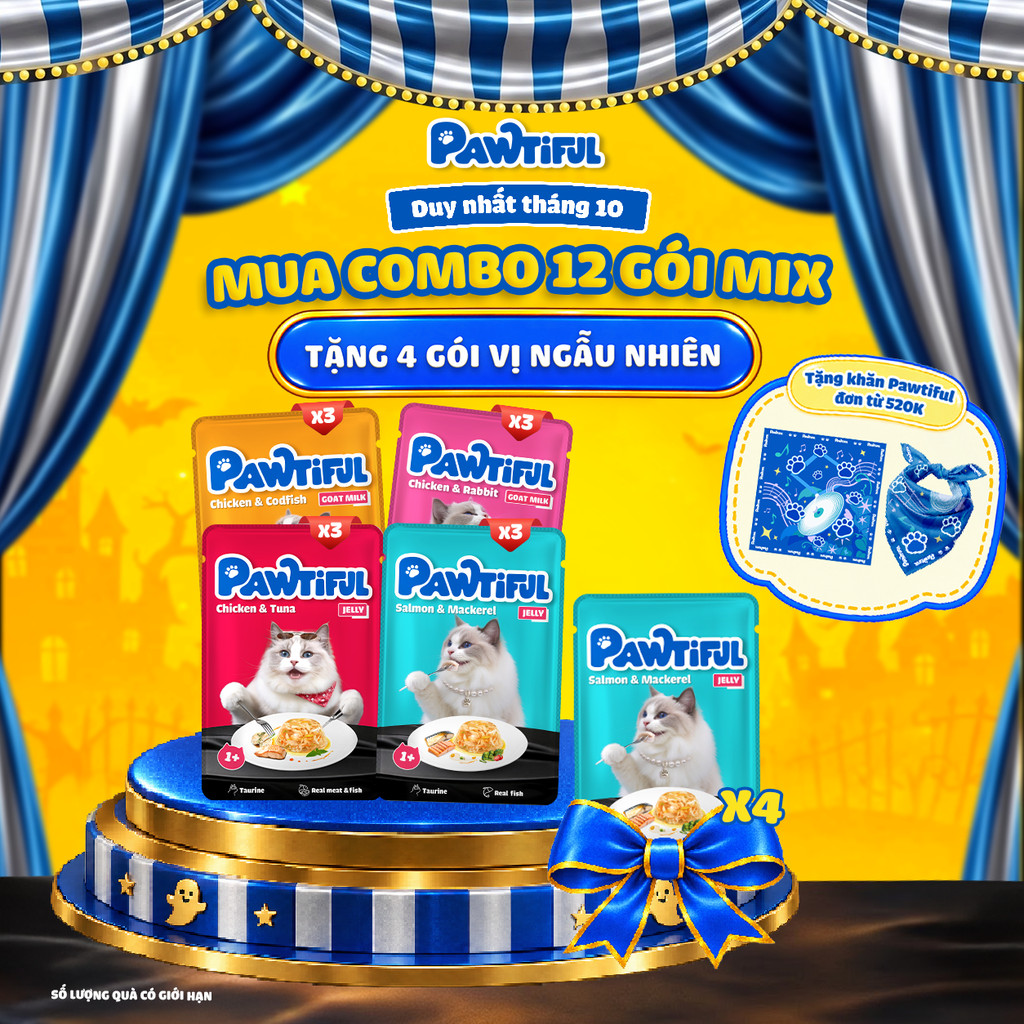 [MUA 12 TẶNG 4] Combo 12 túi Thức ăn cho mèo Pawtiful mix 2 dạng Sữa Dê & Thạch 70G x12