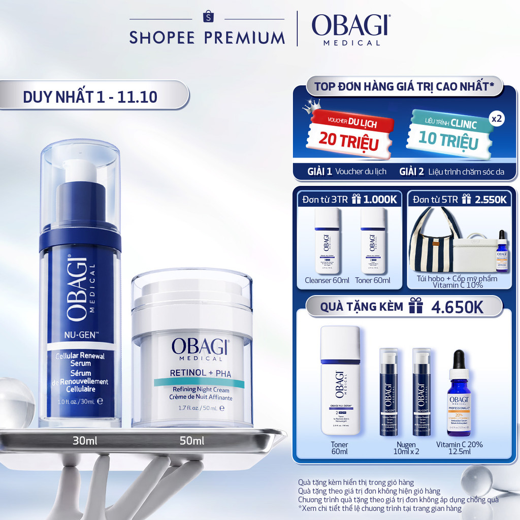 Combo Serum Kích Hoạt Năng Lượng Tế Bào Obagi Nugen 30ml & Kem Dưỡng Đêm Obagi Retinol + PHA 50ml