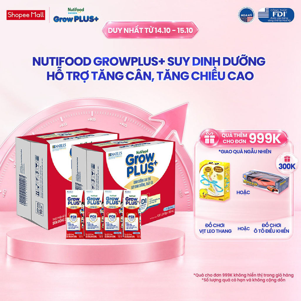 Thùng SBPS Nutifood GrowPLUS+ ít đường Suy Dinh Dưỡng - Tăng Cân, Tăng Chiều Cao (48 x 180ml) (Bao bì tùy lô hàng)