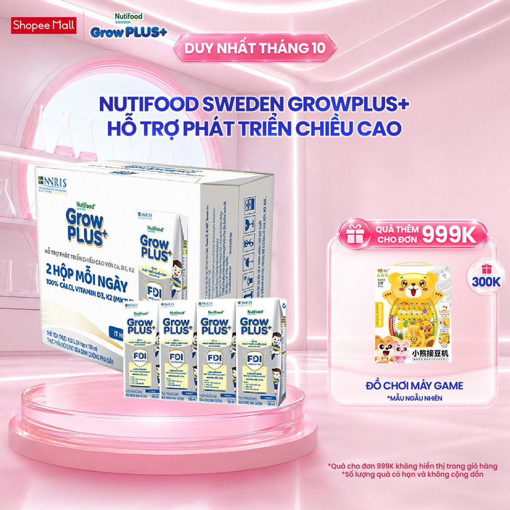 Thùng 24 hộp Sữa Bột Pha Sẵn Nutifood Sweden GrowPLUS+ Cao lớn vượt trội 24 hộp 180 ml