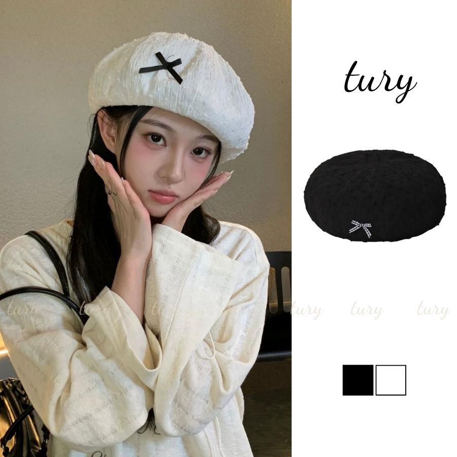 Mũ Beret Nữ - Tury - Mũ Nồi Vải Gân Trắng Đính Nơ Tiểu Thư Xinh Xắn - MN075