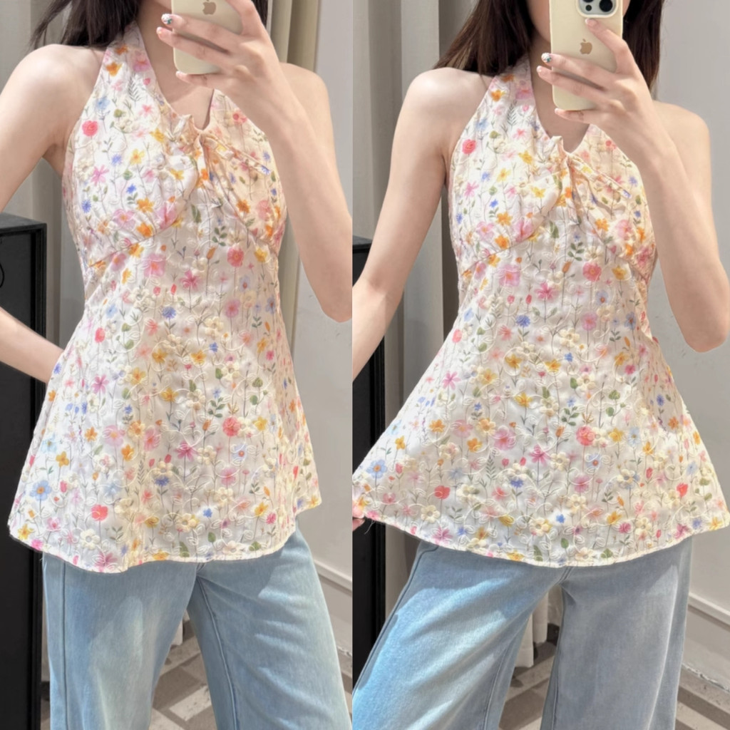 Áo Cổ Yếm Nữ BABEE Cổ V Cột Nơ Kiểu Họa Tiết Hoa Nhí Xinh Xắn Gợi Cảm Sang Trọng Quyến Rũ