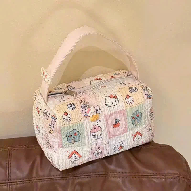 Túi đựng mỹ phẩm cầm tay hello kitty, túi đựng đồ trang điểm makup pouch chần bông vintage dễ thương