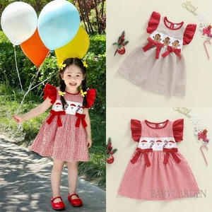 1-6 Tuổi Trẻ Em Bé Gái Váy Giáng Sinh Tay Bay Cổ Tròn Ông Già Noel Thêu Kẻ Sọc Đầm