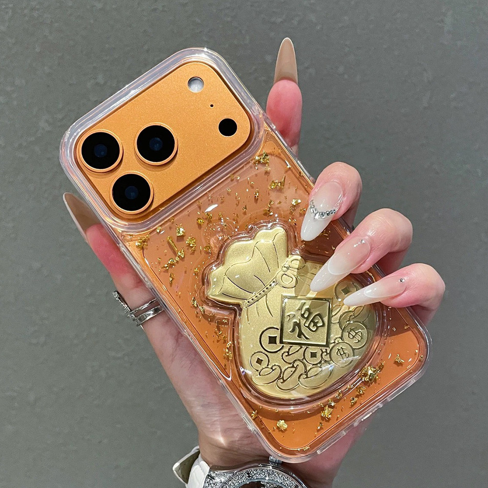 Túi May Mắn 3D GoldFoil Nhựa Ốp Lưng Điện Thoại iPhone 17 Pro Max 17 Air 16 Plus 15 14 13 12 11 Vỏ Bảo Vệ Chống Sốc