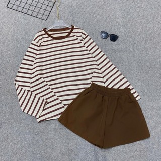 Set Bộ Bigsize Nữ 2 Món Gồm Áo Thun Form Rộng Kẻ Sọc Ngang Dài Tay Phối Quần Đùi Lưng Chun Co Giãn- A311+Q500