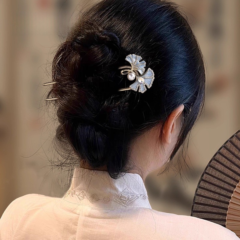 Kẹp Tóc Bạch Quả Phong Cách Trung Quốc với Ngọc Trai Hình Chữ U - Hàng Có Sẵn
